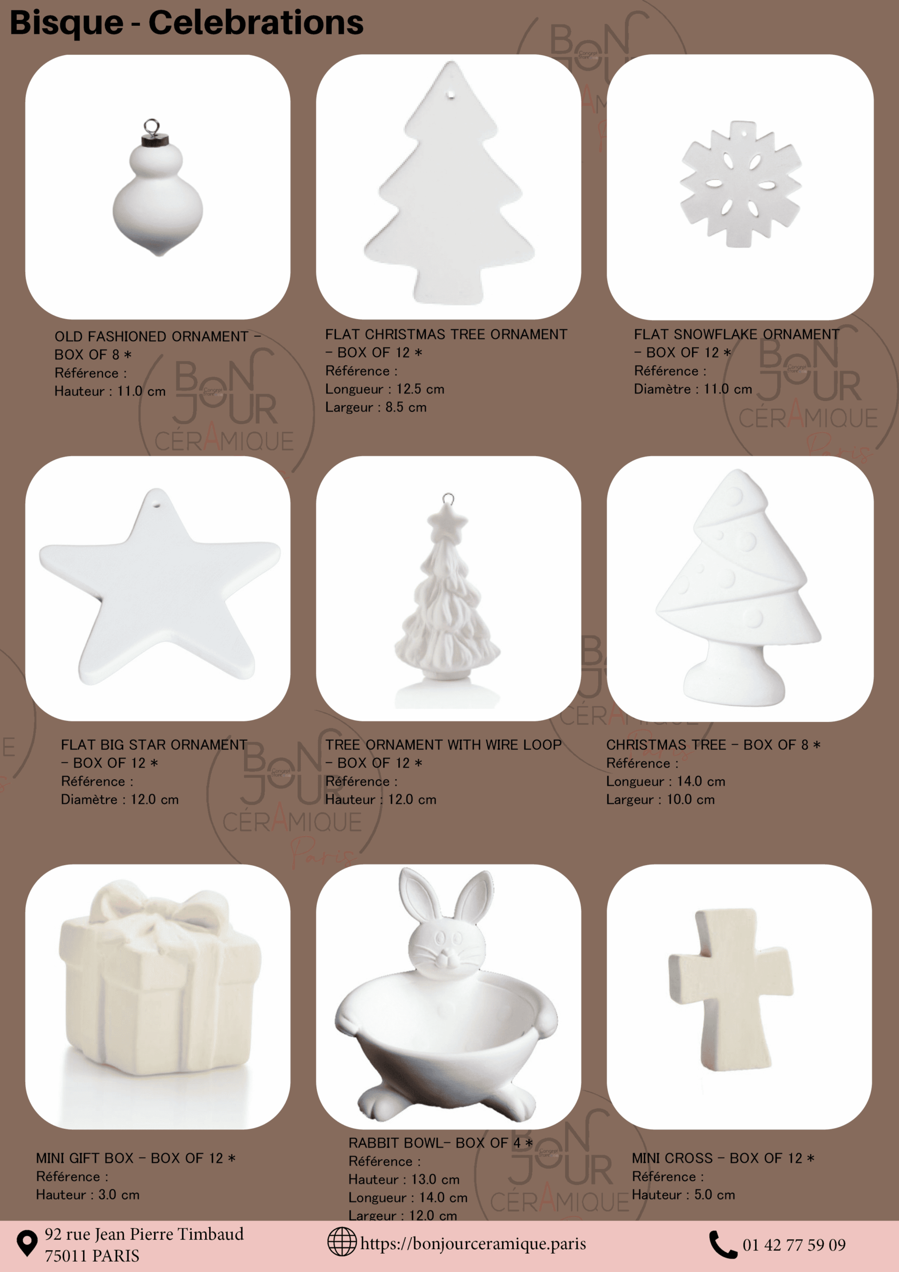 Bisque BJR store 214 biscuit céramique décoration de Noël, sapin, étoile, flocon, cadeau, croix