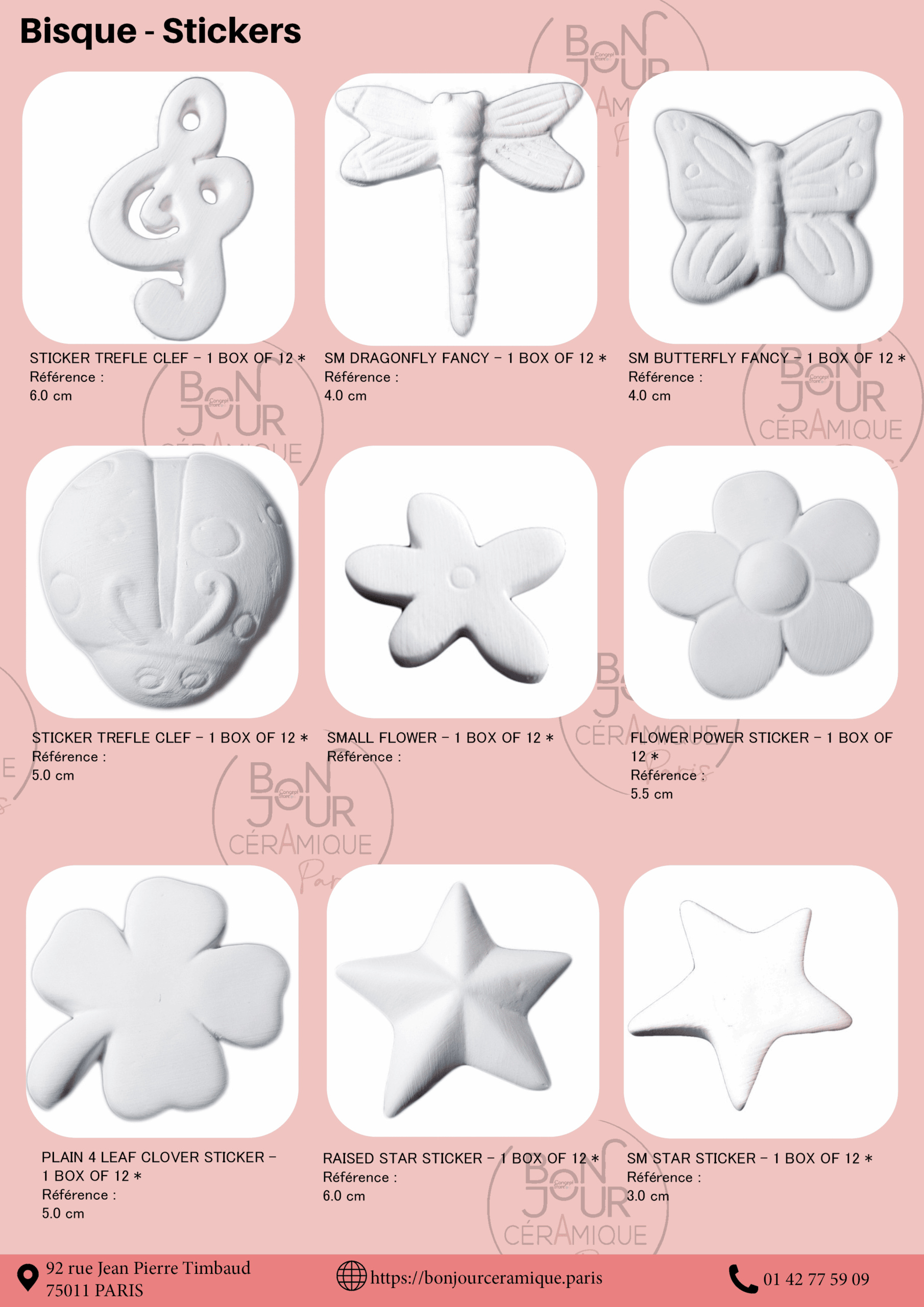 Bisque BJR store 280 biscuit céramique, stickers, figurine animaux, fleur, étoile