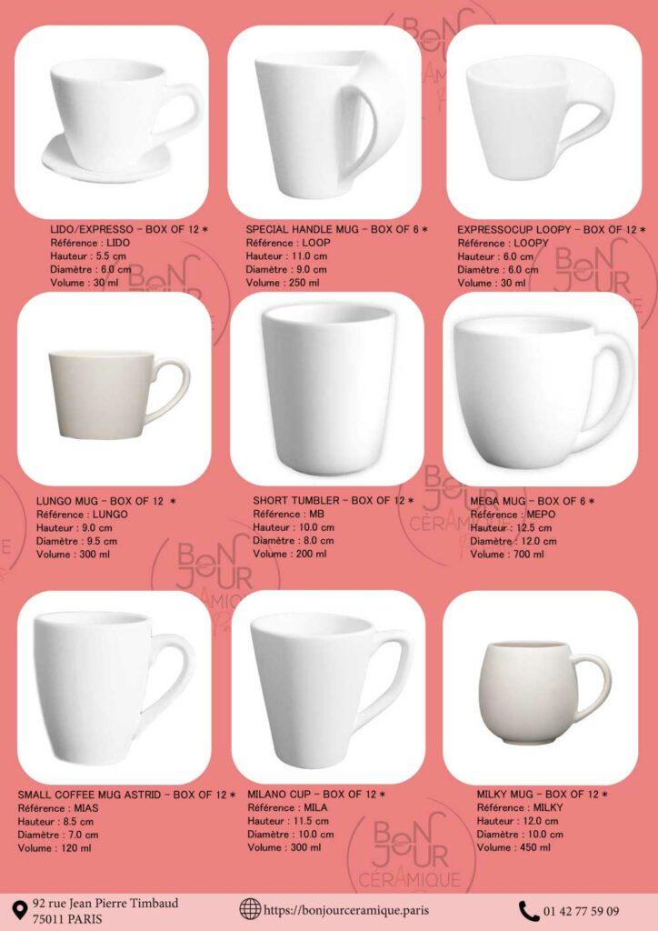 mugs ceramique en biscuit de faience blanche a decorer tasses a emailler the cafe boisson bonjour ceramique paris