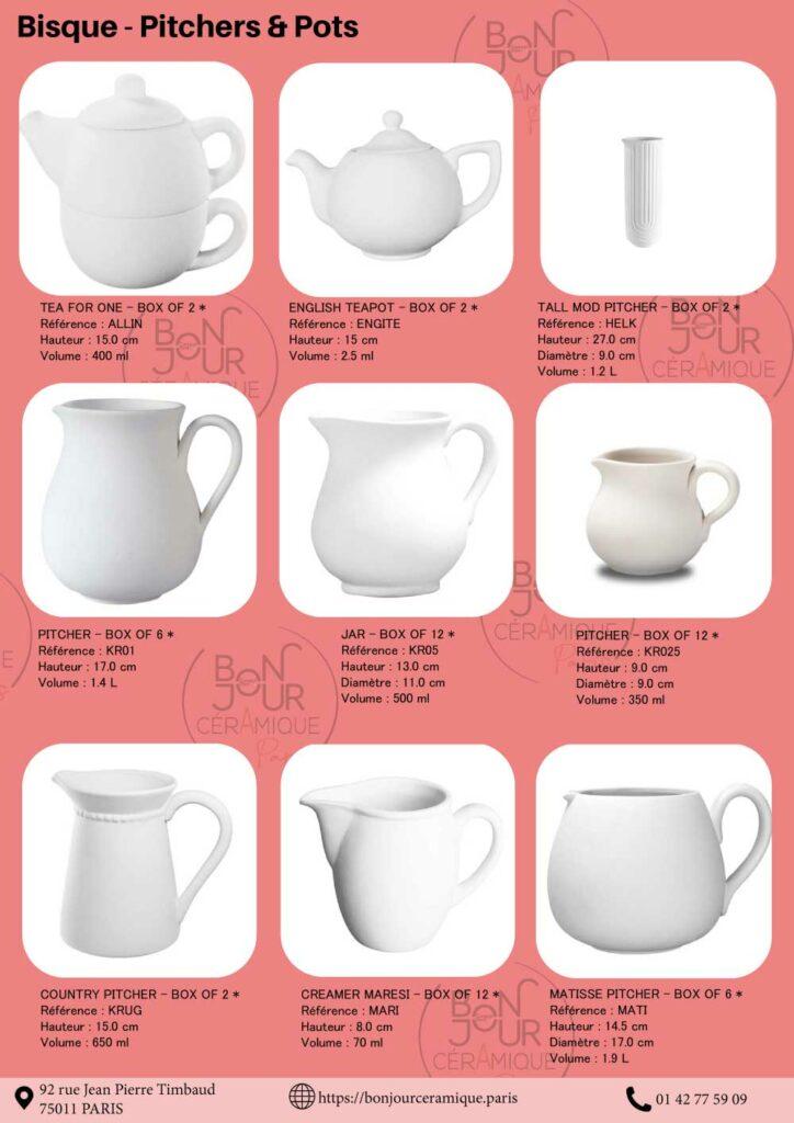 Pots, carafes, théières & pichets en biscuit de faïence blanche