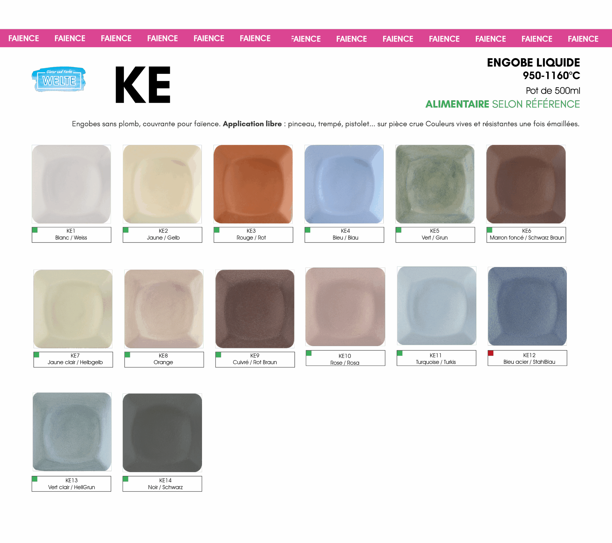 Engobe Faience liquide Die Welte, 14 nouvelles couleurs. Par Bonjour Céramique Paris
