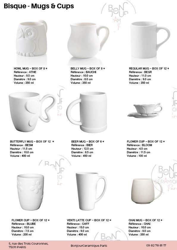 Mugs et tasses en biscuit de faïence blanche. À personnaliser sans limite
