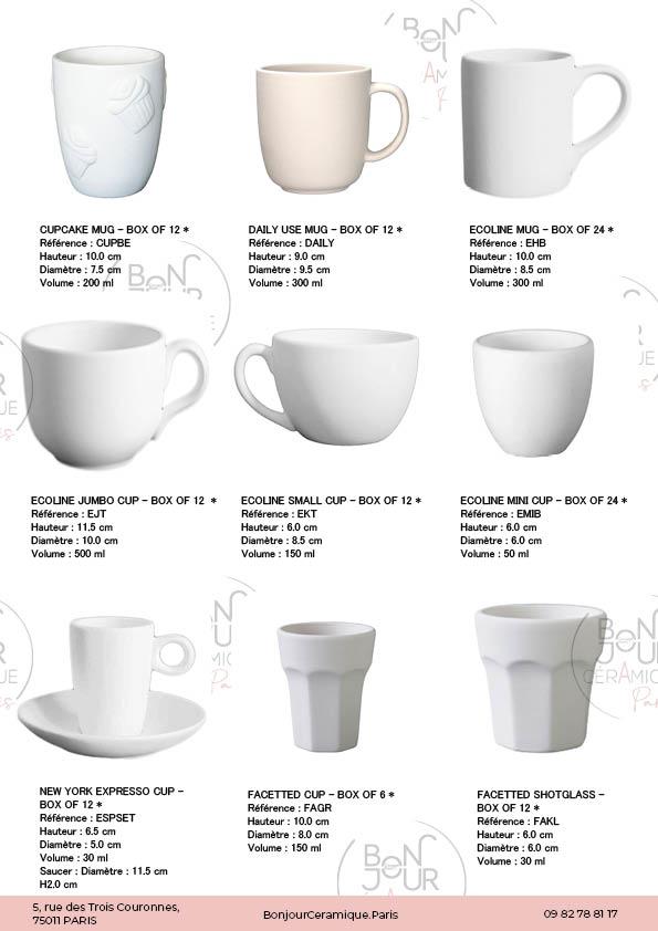 Mugs et tasses en biscuit de faïence blanche. À personnaliser sans limite