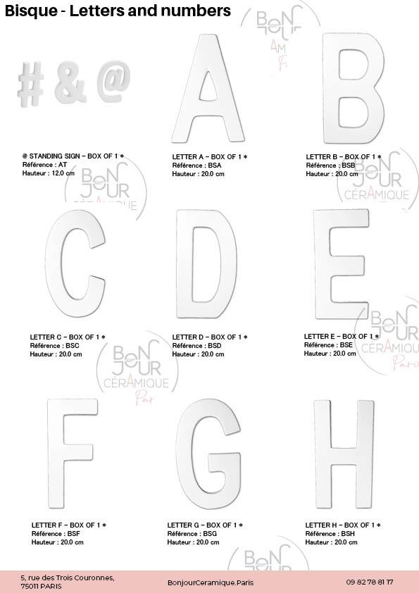 Lettres et chiffres en biscuit de faïence blanche. À personnaliser sans limite