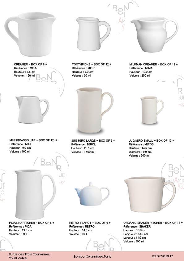 Pichets et pots en biscuit de faïence blanche. À personnaliser sans limite