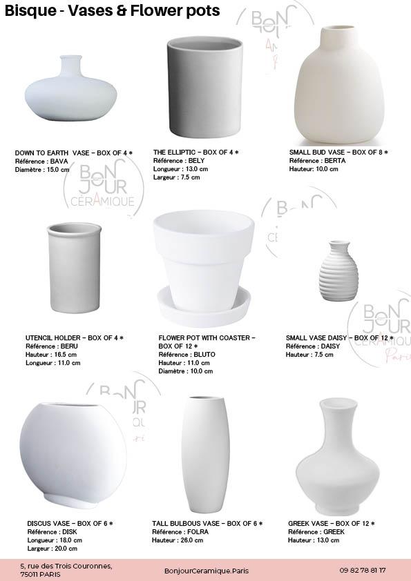Vase et pots de fleurs en biscuit de faïence blanche. À personnaliser sans limite