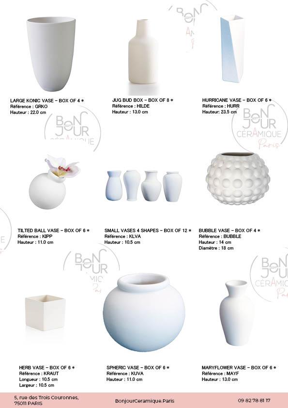 Vase et pots de fleurs en biscuit de faïence blanche. À personnaliser sans limite