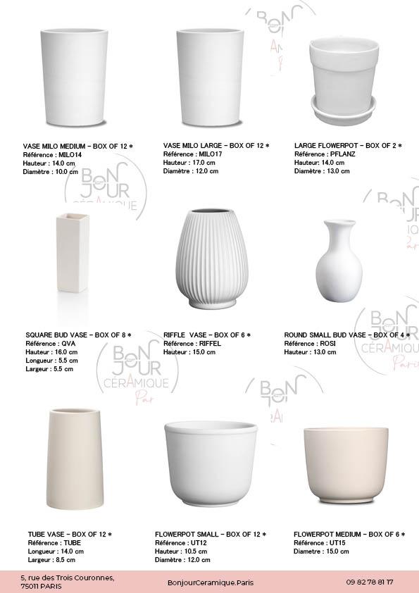 Vase et pots de fleurs en biscuit de faïence blanche. À personnaliser sans limite