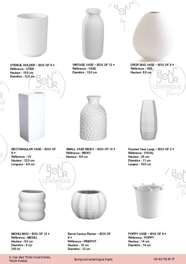 Vase et pots de fleurs en biscuit de faïence blanche. À personnaliser sans limite