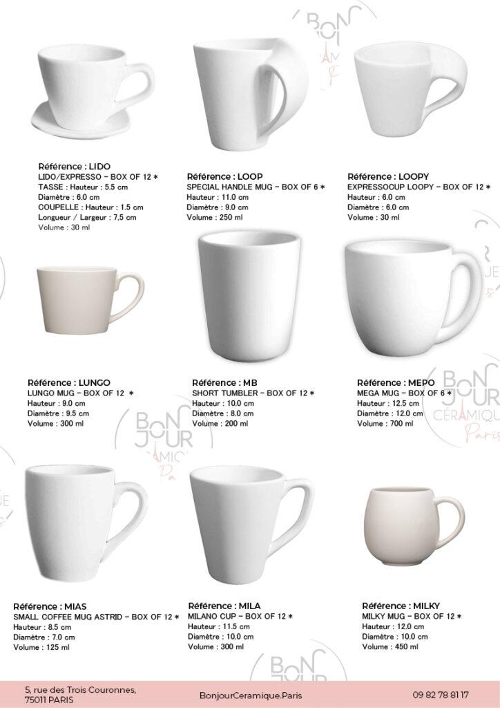Mugs et Tasses en biscuit de faïence blanche. À personnaliser sans limite