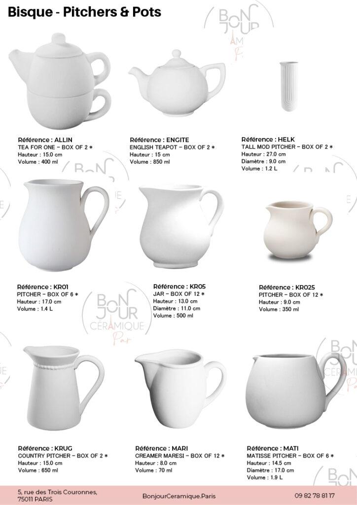 Pichets et pots en biscuit de faïence blanche. À personnaliser sans limite