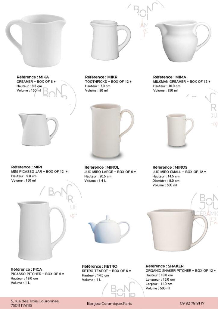Pichets et pots en biscuit de faïence blanche. À personnaliser sans limite
