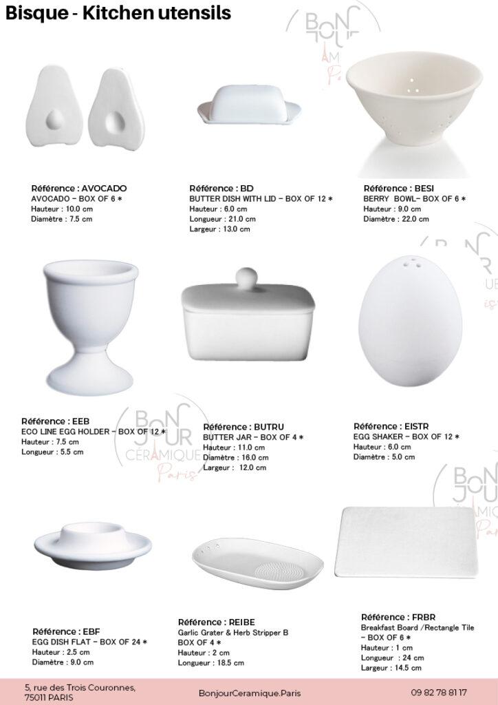 Ustensiles de cuisine en biscuit de faïence blanche. À personnaliser sans limite