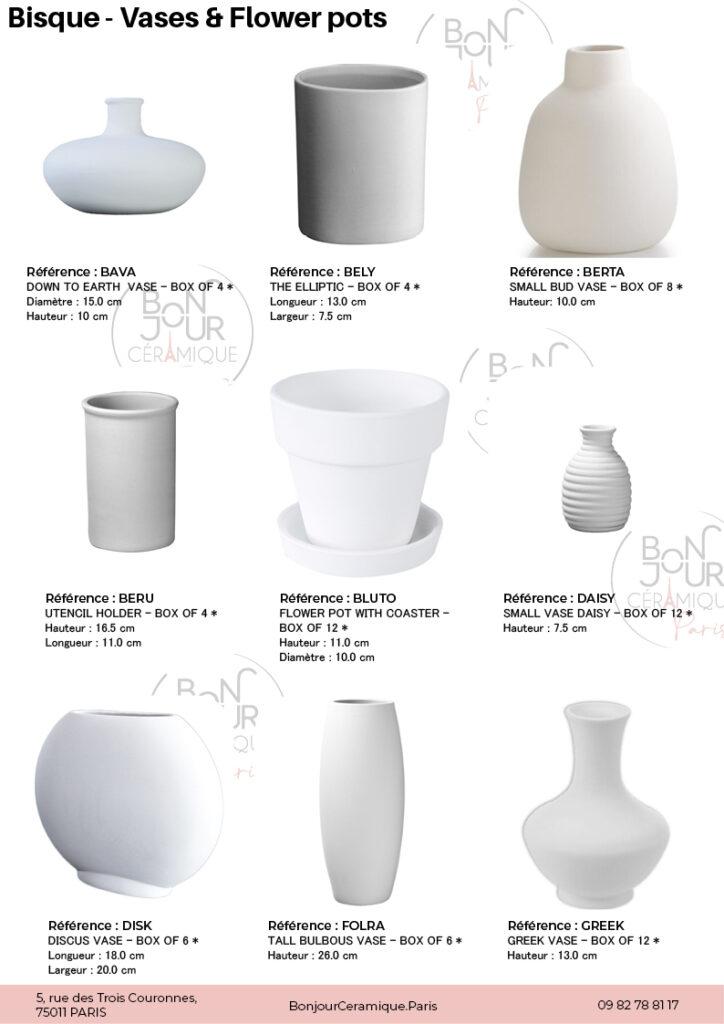 Vases et pots de fleurs en biscuit de faïence blanche. À personnaliser sans limite