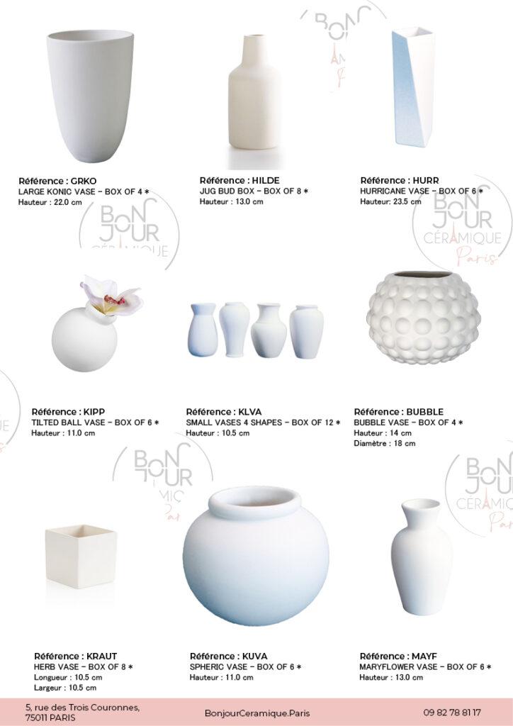 Vases et pots de fleurs en biscuit de faïence blanche. À personnaliser sans limite