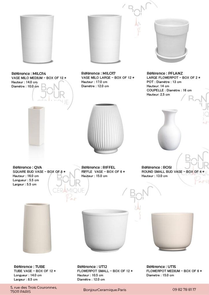 Vases et pots de fleurs en biscuit de faïence blanche. À personnaliser sans limite